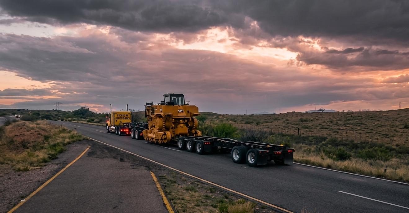 Transporte maquinaria pesada carretera Sonora atardecer